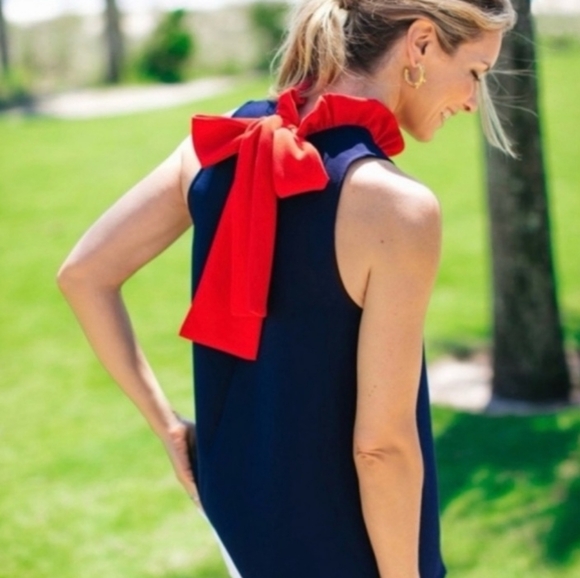 Tuckernuck Tops - Tuckernuck Pomander Place Mason Navy Blue Red Ruffle Tie Blouse Size Medium